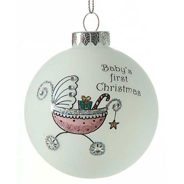 Χριστουγεννιάτικη Γυάλινη Μπάλα Λευκή, με Ροζ Καροτσάκι (8cm)